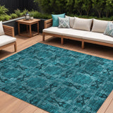 8' X 10' Teal Floral Medallion Washable Non Skid Indoor Outdoor Area Rug