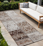 8' Runner Taupe and Ivory Patchwork Washable Non Skid Indoor Outdoor Runner Rug