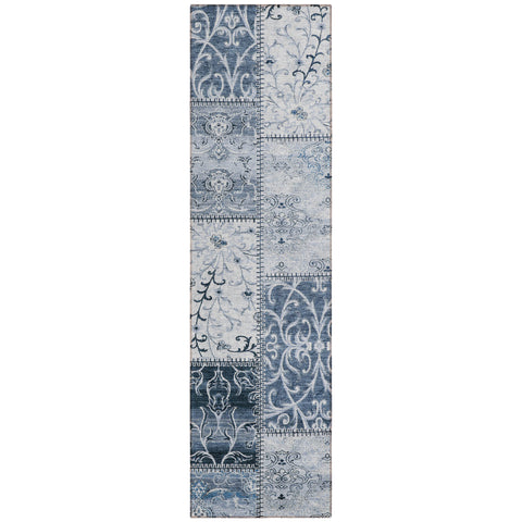 8' Runner Denim Blue Patchwork Washable Non Skid Indoor Outdoor Runner Rug