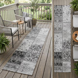 8' Runner Gray Patchwork Washable Non Skid Indoor Outdoor Runner Rug