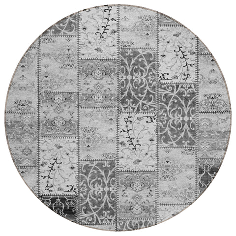 8' Round Gray Round Patchwork Washable Non Skid Indoor Outdoor Area Rug