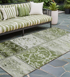 8' Runner Green Patchwork Washable Non Skid Indoor Outdoor Runner Rug