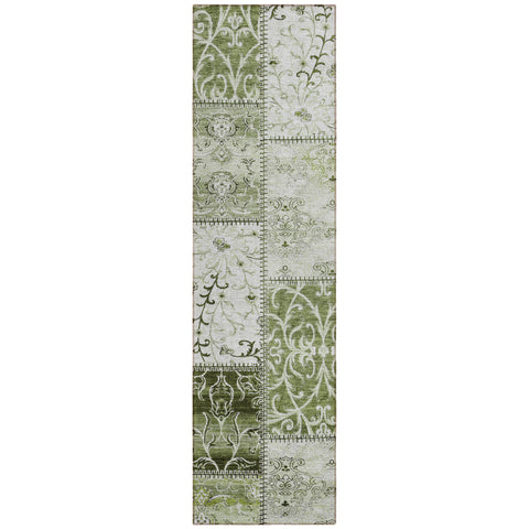 8' Runner Green Patchwork Washable Non Skid Indoor Outdoor Runner Rug