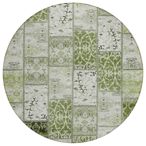 8' Round Green Round Patchwork Washable Non Skid Indoor Outdoor Area Rug