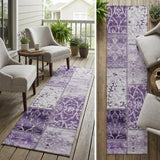 8' Runner Purple Patchwork Washable Non Skid Indoor Outdoor Runner Rug