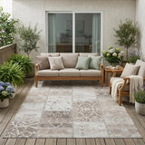 5' X 8' Taupe Patchwork Distressed Washable Indoor Outdoor Area Rug