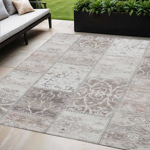 5' X 8' Taupe Patchwork Distressed Washable Indoor Outdoor Area Rug