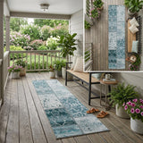 8' Runner Teal Patchwork Washable Non Skid Indoor Outdoor Runner Rug