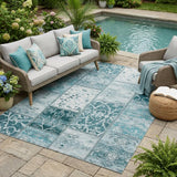 5' X 8' Teal Patchwork Washable Non Skid Indoor Outdoor Area Rug