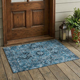 2' X 3' Denim and Gray Oriental Washable Non Skid Indoor Outdoor Area Rug
