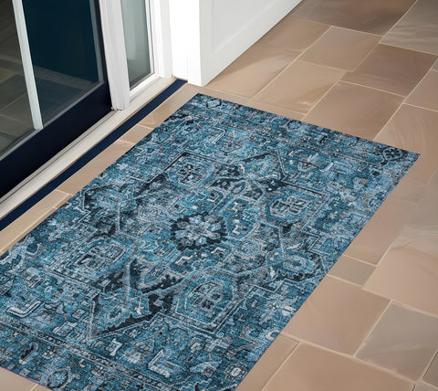 3' X 5' Denim and Gray Oriental Washable Non Skid Indoor Outdoor Area Rug