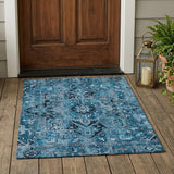 3' X 5' Denim and Gray Oriental Washable Non Skid Indoor Outdoor Area Rug