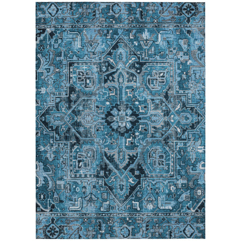 5' X 8' Denim and Gray Oriental Washable Non Skid Indoor Outdoor Area Rug