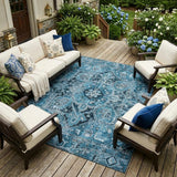 8' X 10' Denim and Gray Oriental Washable Non Skid Indoor Outdoor Area Rug