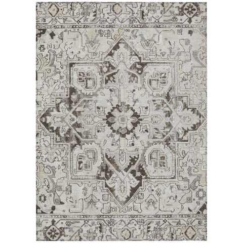 5' X 8' Ivory and Dark Brown Oriental Washable Non Skid Indoor Outdoor Area Rug