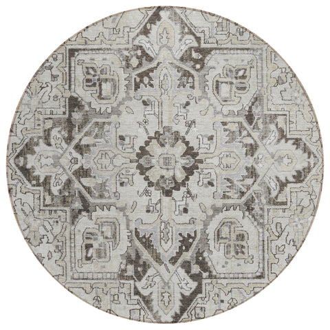8' Ivory And Dark Brown Round Oriental Washable Indoor Outdoor Area Rug