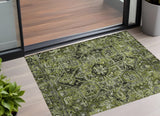2' X 3' Olive Green and Dark Green Oriental Washable Non Skid Indoor Outdoor Area Rug