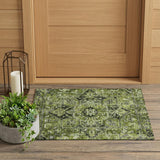 2' X 3' Olive Green and Dark Green Oriental Washable Non Skid Indoor Outdoor Area Rug