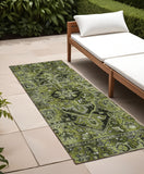 8' Runner Olive Green and Dark Green Oriental Washable Non Skid Indoor Outdoor Runner Rug