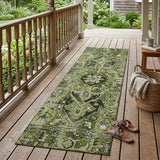 8' Runner Olive Green and Dark Green Oriental Washable Non Skid Indoor Outdoor Runner Rug