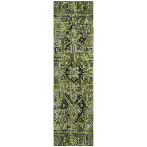 8' Runner Olive Green and Dark Green Oriental Washable Non Skid Indoor Outdoor Runner Rug