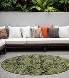 8' Round Olive Green and Dark Green Round Oriental Washable Non Skid Indoor Outdoor Area Rug
