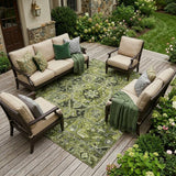 8' X 10' Olive Green and Dark Green Oriental Washable Non Skid Indoor Outdoor Area Rug