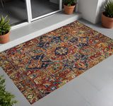 2' X 3' Red Orange and Blue Oriental Washable Non Skid Indoor Outdoor Area Rug