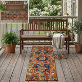 8' Red Orange And Blue Oriental Washable Indoor Outdoor Runner Rug