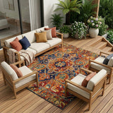 5' X 8' Red Orange and Blue Oriental Washable Non Skid Indoor Outdoor Area Rug