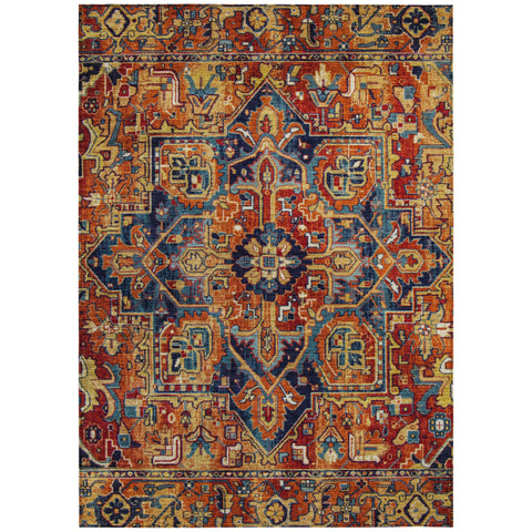 8' X 10' Red Orange And Blue Oriental Washable Indoor Outdoor Area Rug