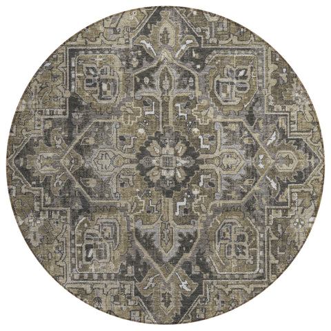 8' Taupe Round Oriental Washable Indoor Outdoor Area Rug