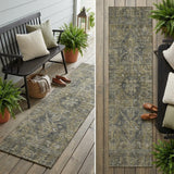 8' Runner Dark Moss Green and Gray Oriental Washable Non Skid Indoor Outdoor Runner Rug