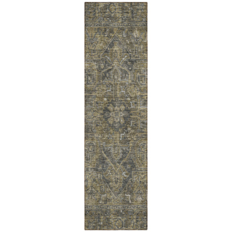 8' Runner Dark Moss Green and Gray Oriental Washable Non Skid Indoor Outdoor Runner Rug