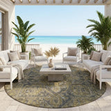 8' Round Dark Moss Green and Gray Round Oriental Washable Non Skid Indoor Outdoor Area Rug
