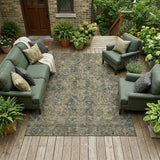 8' X 10' Dark Moss Green and Gray Oriental Washable Non Skid Indoor Outdoor Area Rug