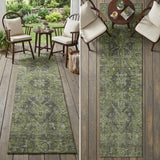 8' Runner Moss Green and Gray Oriental Washable Non Skid Indoor Outdoor Runner Rug