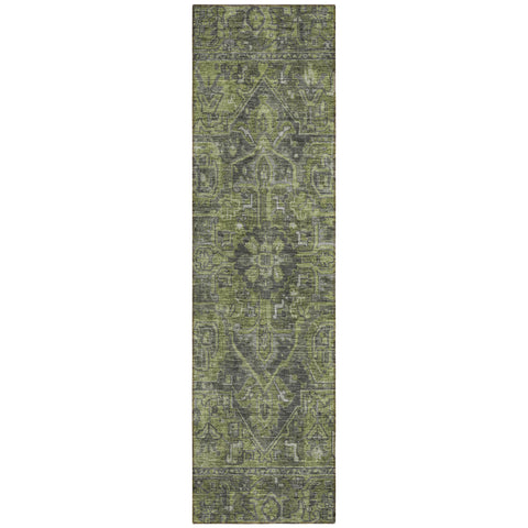 8' Runner Moss Green and Gray Oriental Washable Non Skid Indoor Outdoor Runner Rug