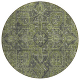 8' Round Moss Green and Gray Round Oriental Washable Non Skid Indoor Outdoor Area Rug