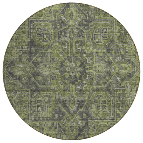 8' Round Moss Green and Gray Round Oriental Washable Non Skid Indoor Outdoor Area Rug