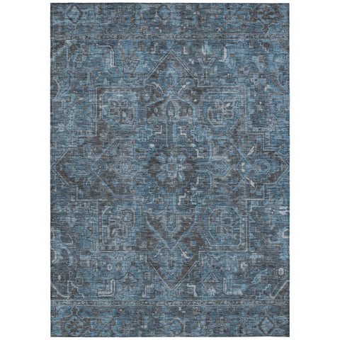 5' X 8' Navy and Black Oriental Washable Non Skid Indoor Outdoor Area Rug
