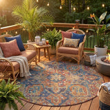 8' Red Orange And Blue Round Oriental Washable Indoor Outdoor Area Rug