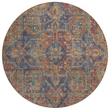 8' Red Orange And Blue Round Oriental Washable Indoor Outdoor Area Rug