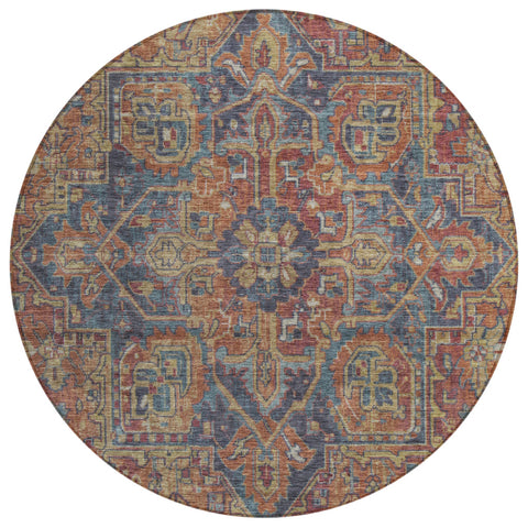 8' Red Orange And Blue Round Oriental Washable Indoor Outdoor Area Rug