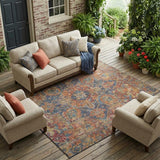 8' X 10' Red Orange And Blue Oriental Washable Indoor Outdoor Area Rug