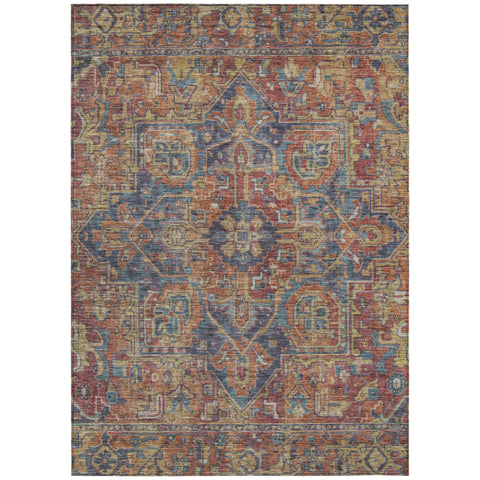 8' X 10' Red Orange And Blue Oriental Washable Indoor Outdoor Area Rug