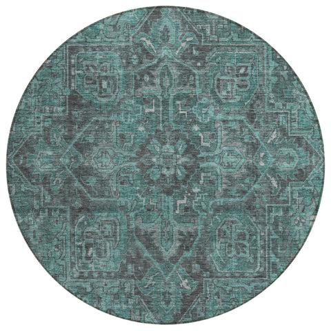 8' Round Turquoise Round Oriental Washable Non Skid Indoor Outdoor Area Rug