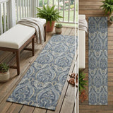 8' Runner Blue and Cream Damask Washable Non Skid Indoor Outdoor Runner Rug