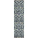 8' Runner Blue and Cream Damask Washable Non Skid Indoor Outdoor Runner Rug