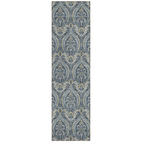 8' Runner Blue and Cream Damask Washable Non Skid Indoor Outdoor Runner Rug